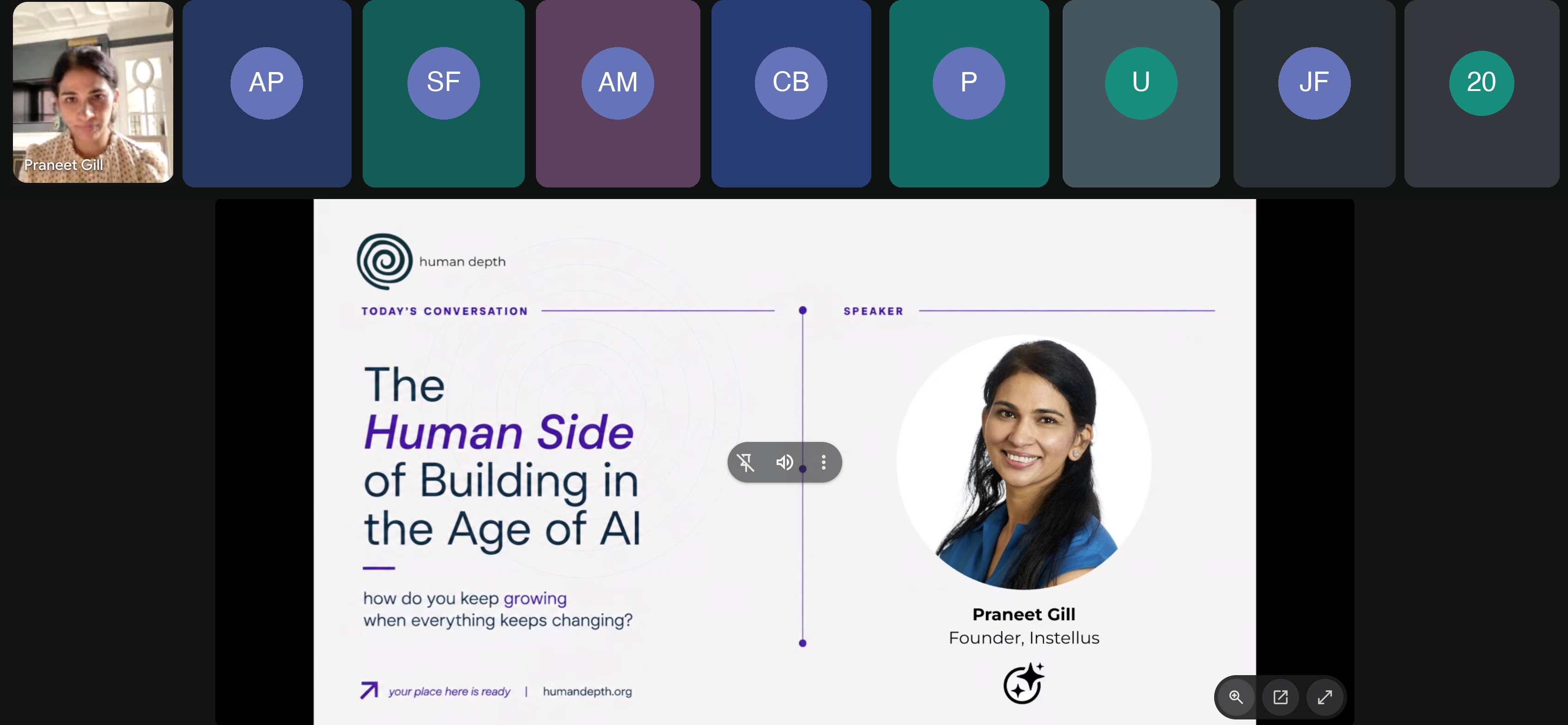 A human depth member session with members joining while a speaker presents The Human Side of Building in the Age of AI
